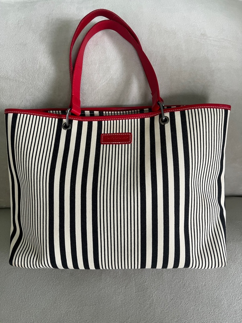 Longchamp Black and White Striped Shoulder Bag with Red Leather Trim - Picture 2 of 10